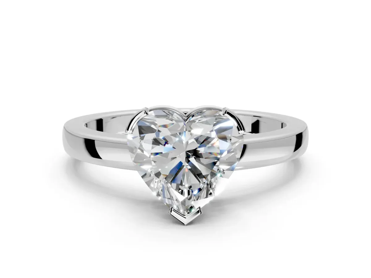 Solitaire Engagement Ring Setting for Heart-Shaped Center with Plain Band and Flat Tab Prong Head in White Gold