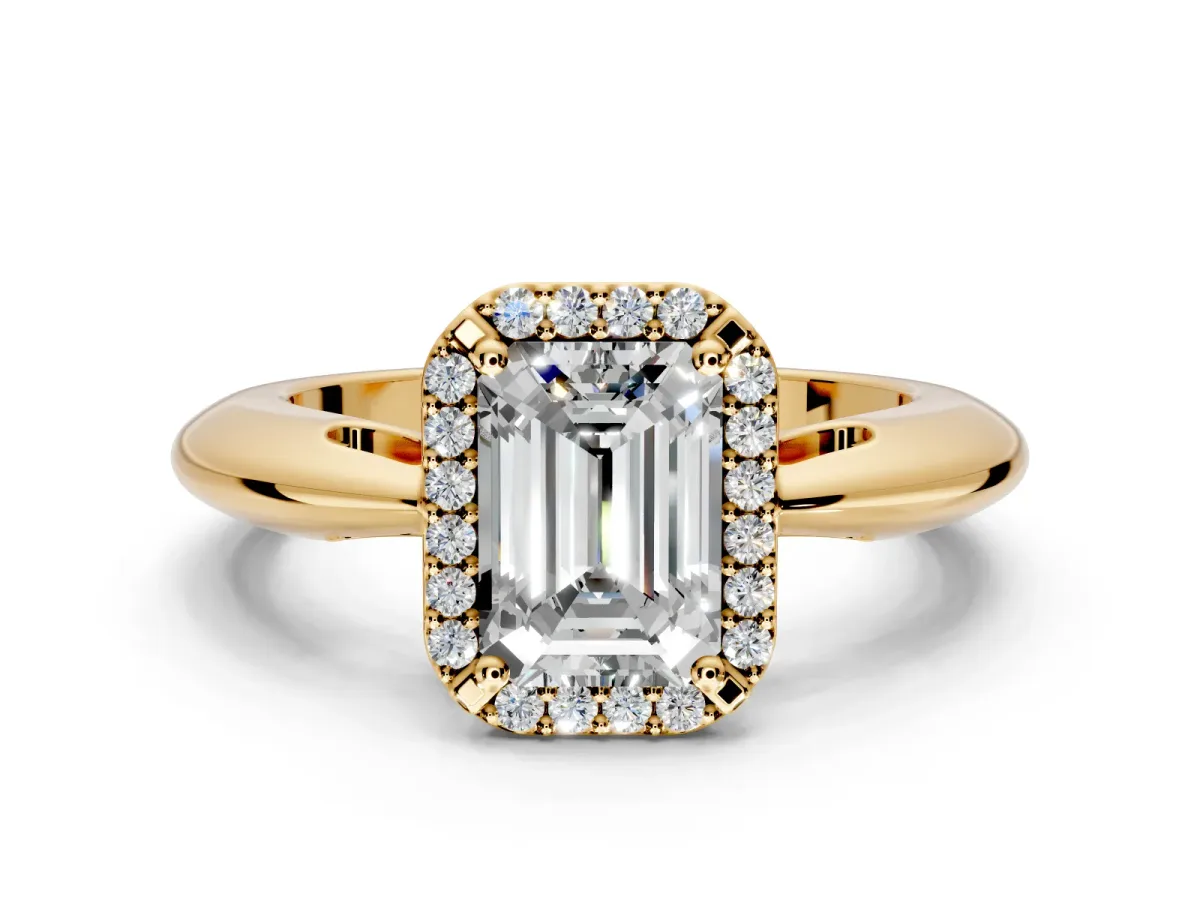 Halo Engagement Ring Setting for Emerald Cut Center with Tapered Plain Band and Prong Head in Yellow Gold