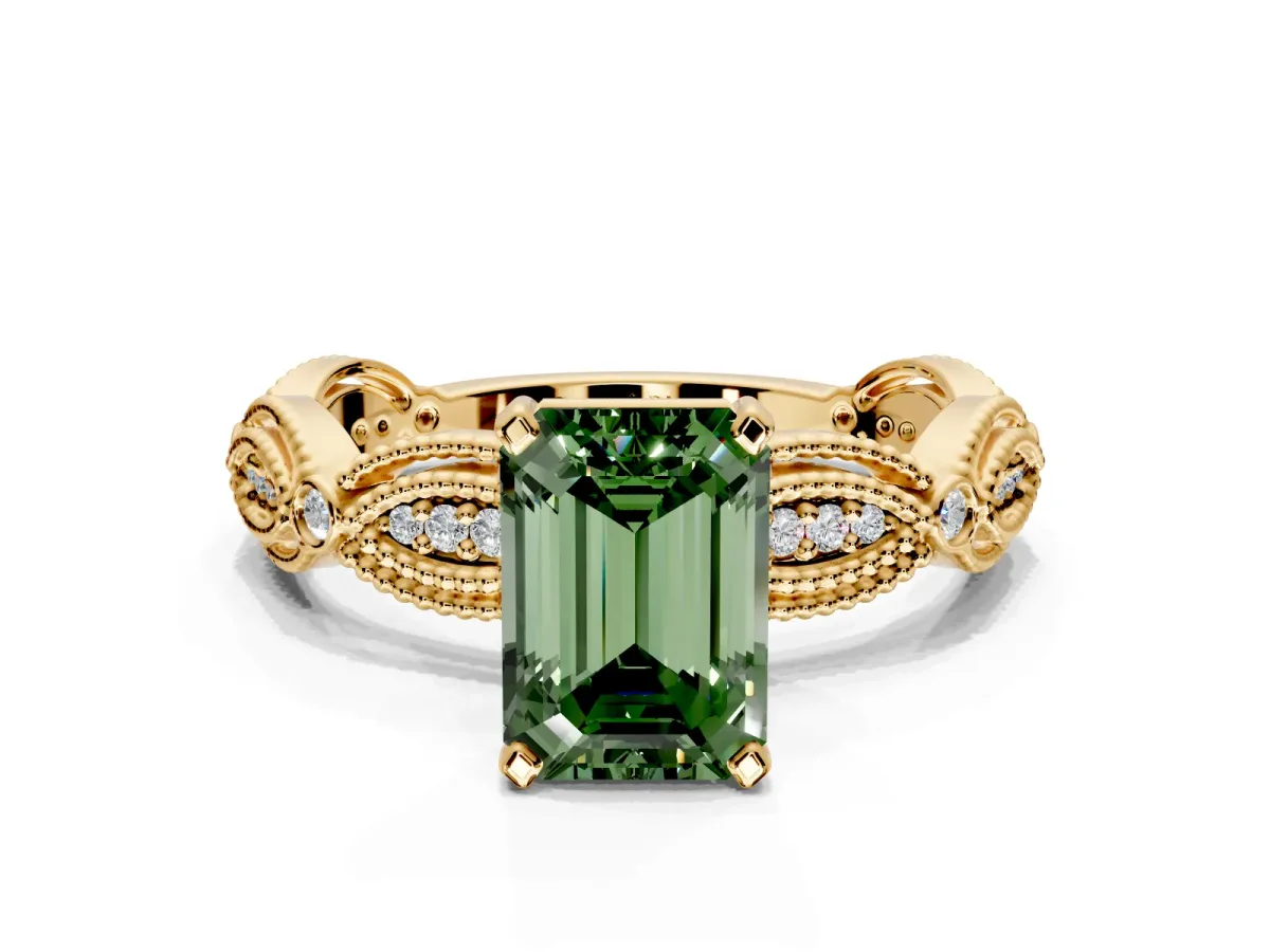 Solitaire Engagement Ring Setting for Fancy Green Emerald Cut Center with Marquise Panel Band and Prong Head in Yellow Gold