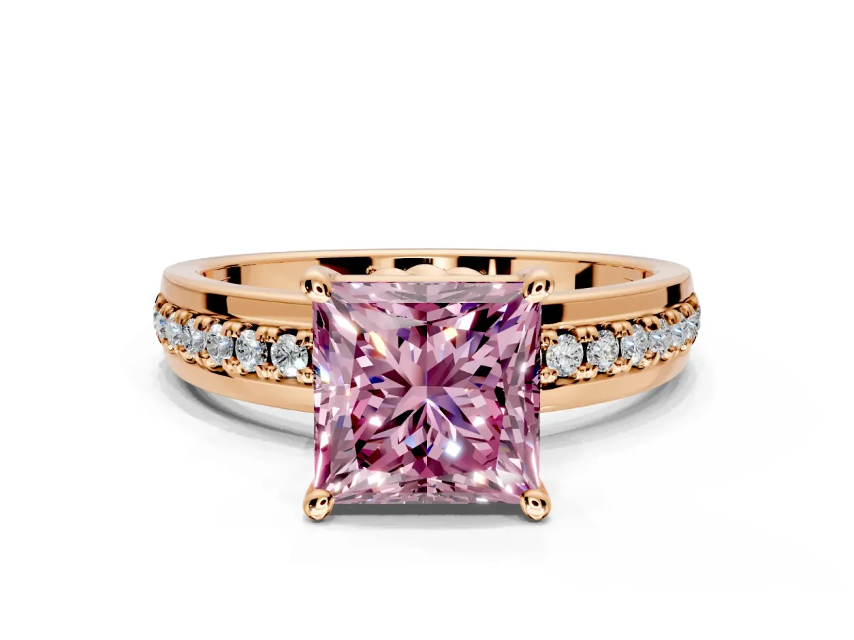 Solitaire Engagement Ring Setting for Fancy Pink Princess Cut Center with Raised Channel Band and Prong Head in Rose Gold