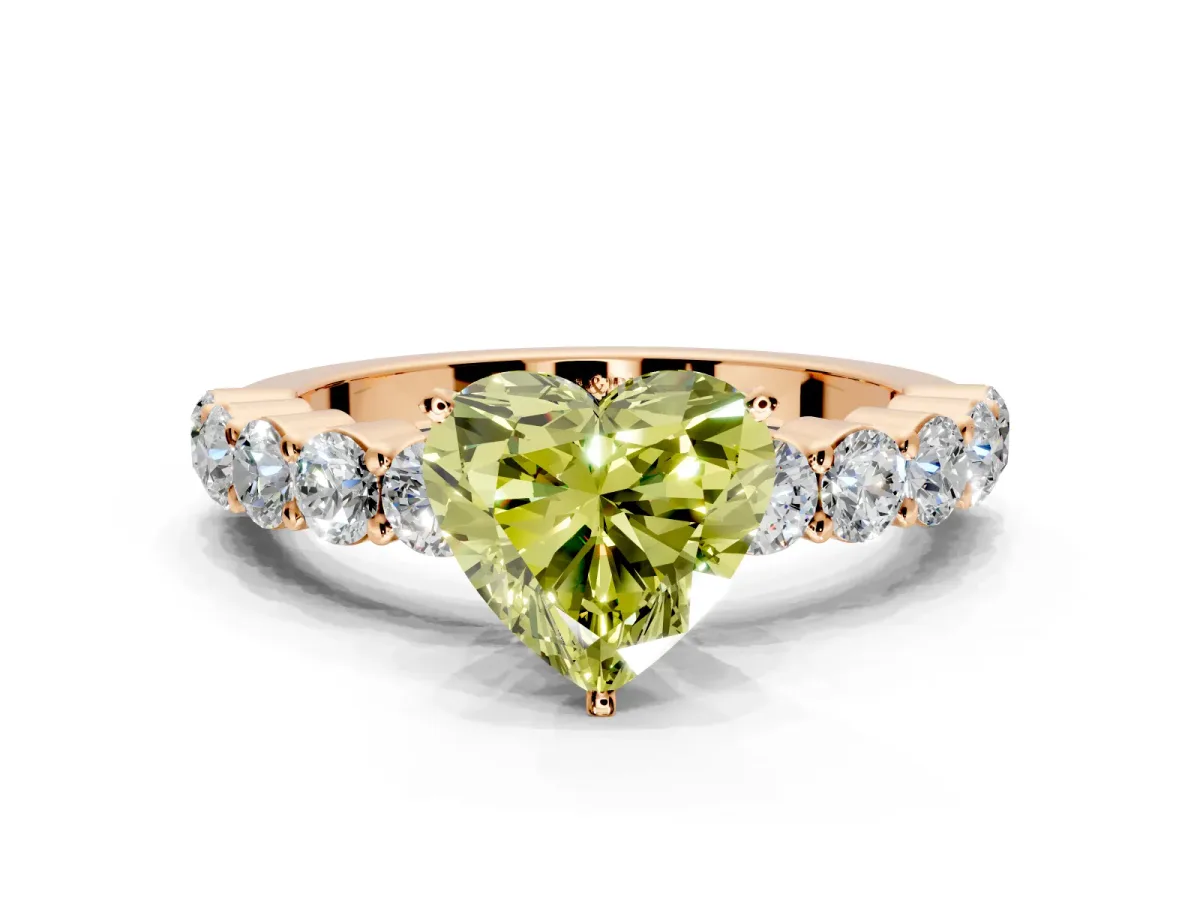 Shared-Prong Engagement Ring Setting for Fancy Yellow Heart-Shaped Center with Graduated Accents and Prong Head in Rose Gold