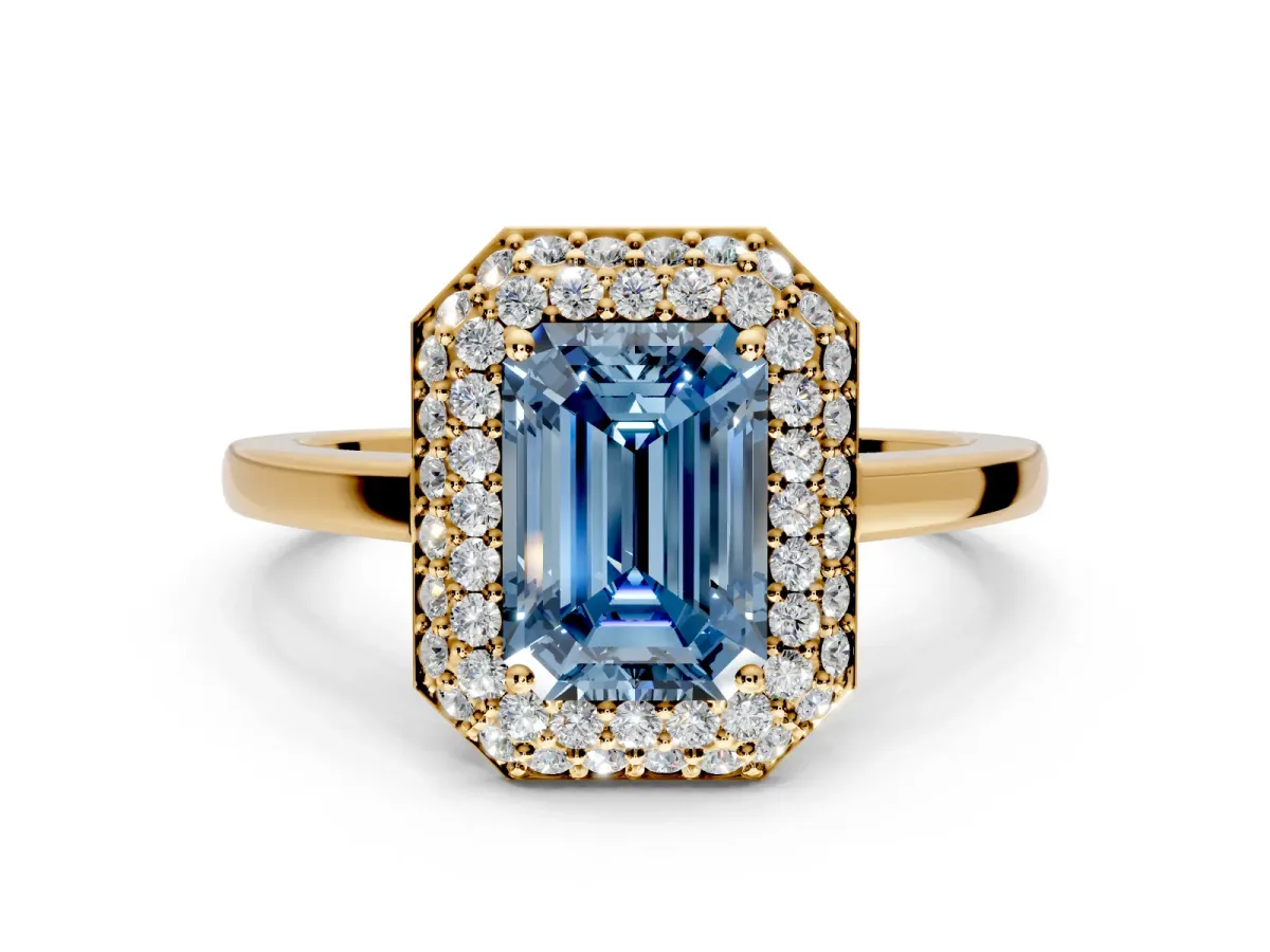 Halo Engagement Ring Setting for Fancy Blue Emerald Cut Center with Plain Tapered Band and Prong Head in Yellow Gold
