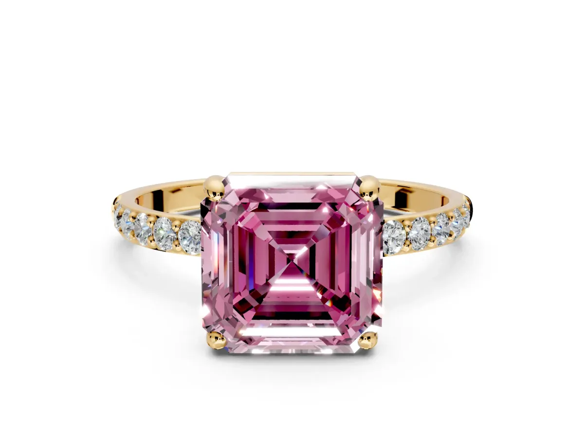 Solitaire Engagement Ring Setting for Fancy Pink Asscher Cut Center with Pave Accents and Prong Head in Yellow Gold