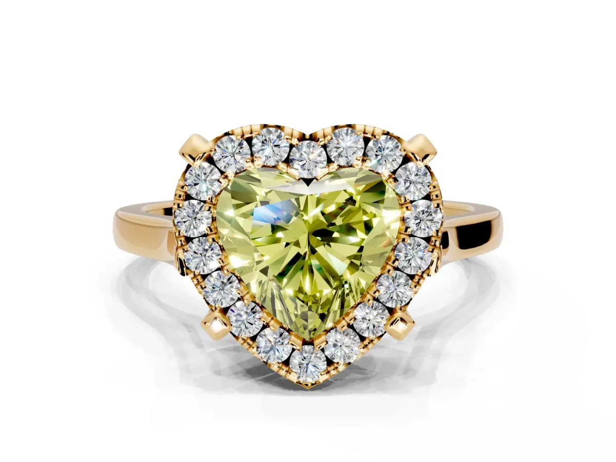 Single Halo Engagement Ring Setting for Fancy Yellow Heart-Shaped Center with Corner Claws, Plain Band and Prong Head in Yellow Gold