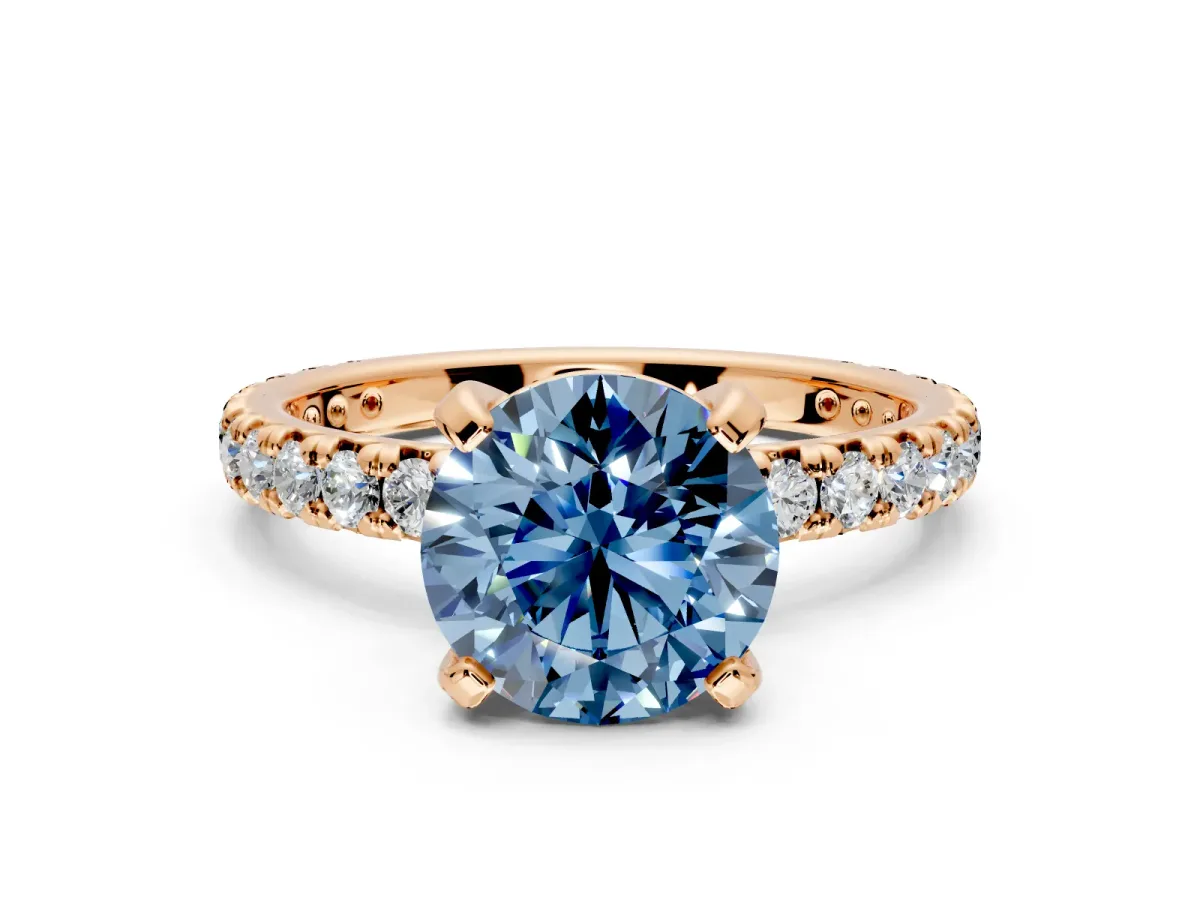 Solitaire Engagement Ring Setting for Fancy Blue Round Cut Center with Shared-Prong Accents and Prong Head in Rose Gold