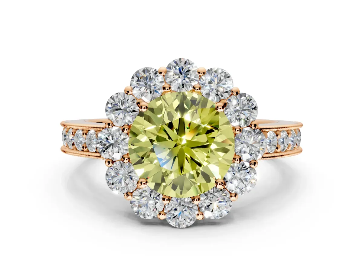 Halo Engagement Ring Setting for Fancy Yellow Round Cut Center with Milgrain Channel Band and Prong Head in Rose Gold