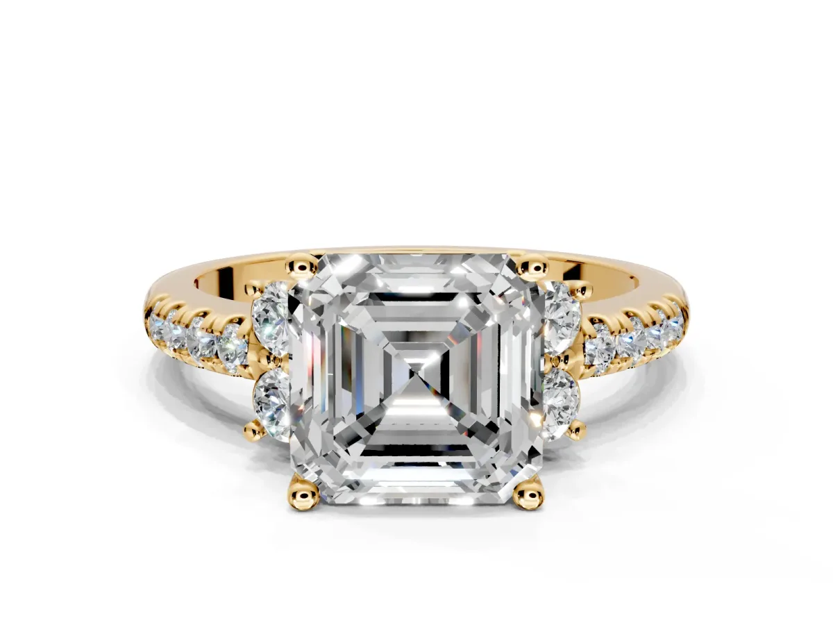Paired Accent Engagement Ring Setting for Asscher Cut Center with Pave Band and Prong Head in Yellow Gold