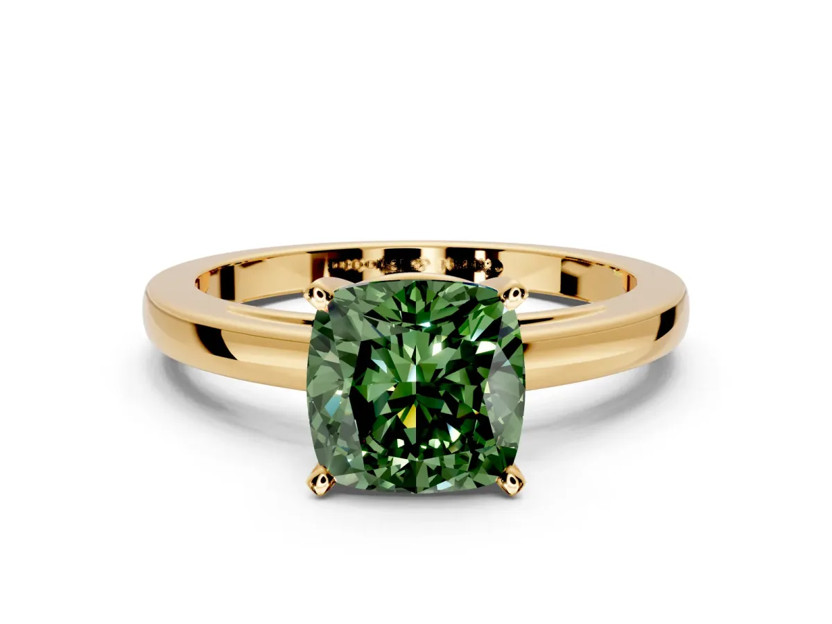 Solitaire Engagement Ring Setting for Fancy Green Cushion Cut Center with Basket Rail and Prong Head in Yellow Gold