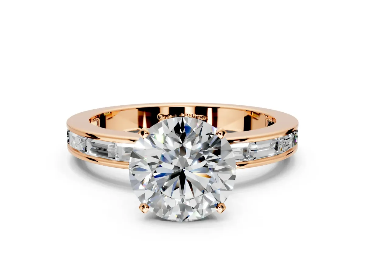 Solitaire Engagement Ring Setting for Round Cut Center with Channel Baguette Band and Prong Head in Rose Gold