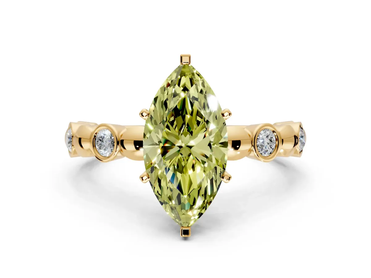 Solitaire Engagement Ring Setting for Fancy Yellow Marquise Center with Beaded Bezel Station Band and Prong Head in Yellow Gold