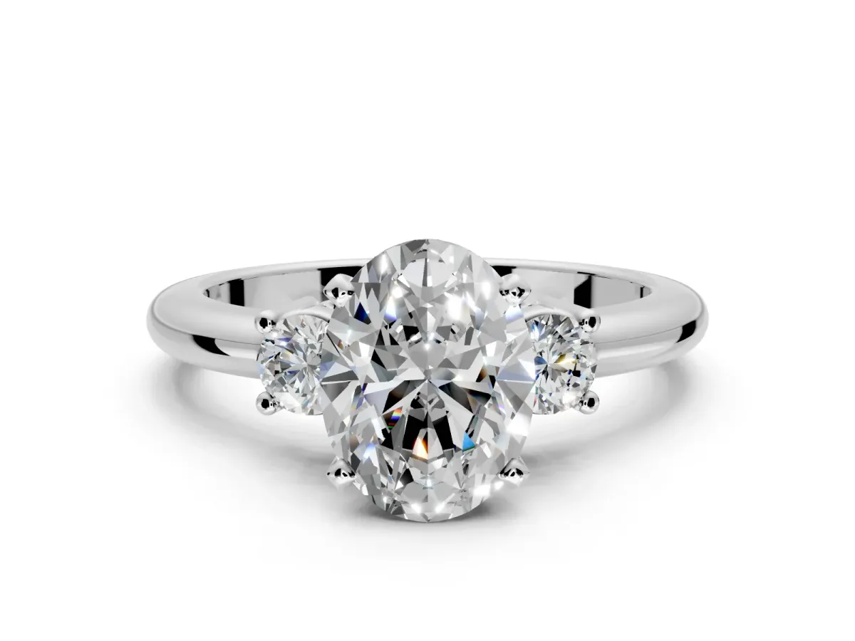 3 Stone Engagement Ring Setting for Oval Center with Wide Plain Band and Prong Head in Sterling Silver
