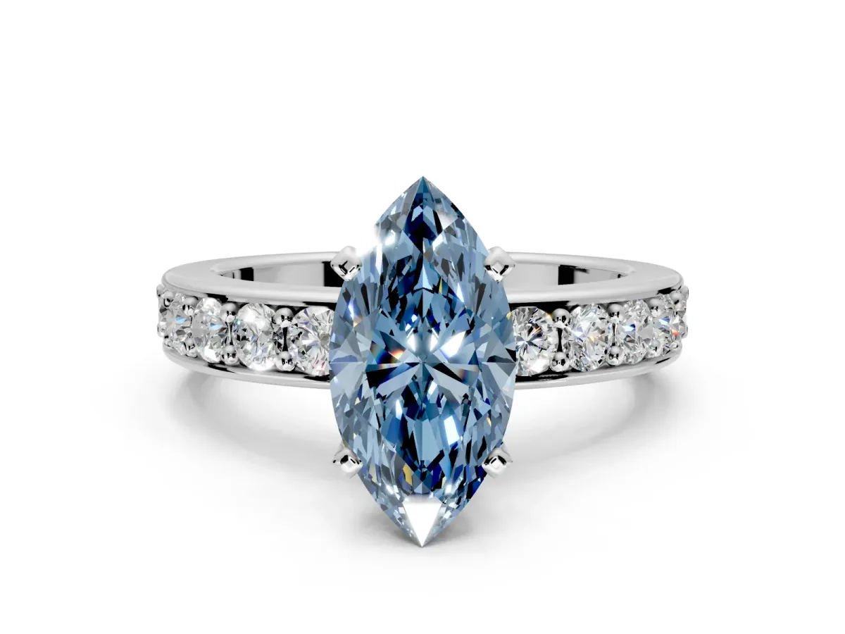 Solitaire Engagement Ring Setting for Fancy Blue Marquise Center with Channel-Set Accents and Prong Head in Sterling Silver