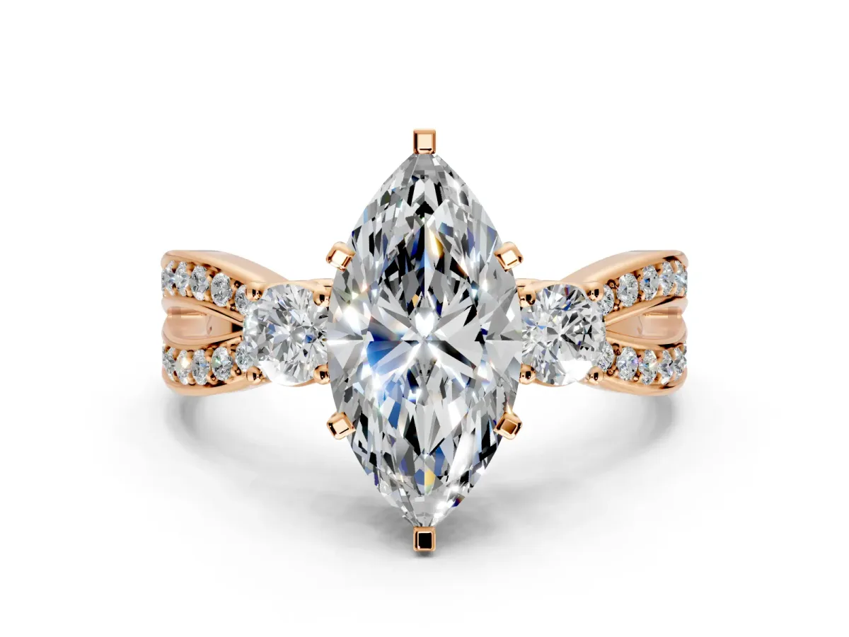 3 Stone Engagement Ring Setting for Marquise Center with Pave Twist Band and Prong Head in Rose Gold
