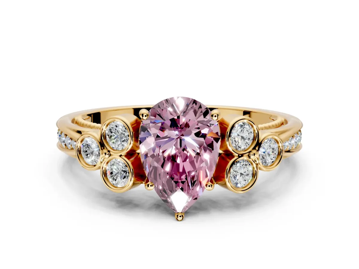Cluster Engagement Ring Setting for Fancy Pink Pear-Shaped Center with Bezel Accent Clusters and Prong Head in Yellow Gold