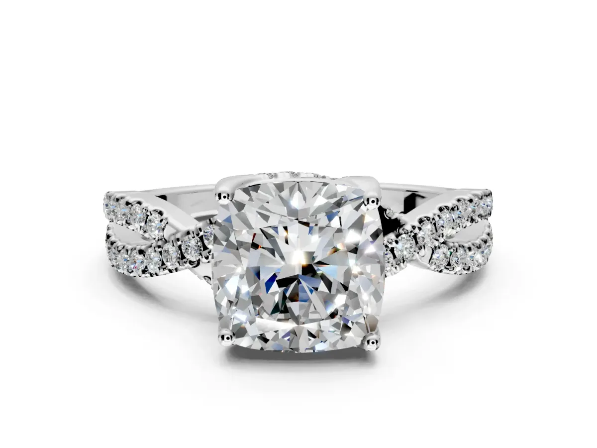 Solitaire Engagement Ring Setting for Cushion Cut Center with Narrow Twist Pave Band and Prong Head in Platinum