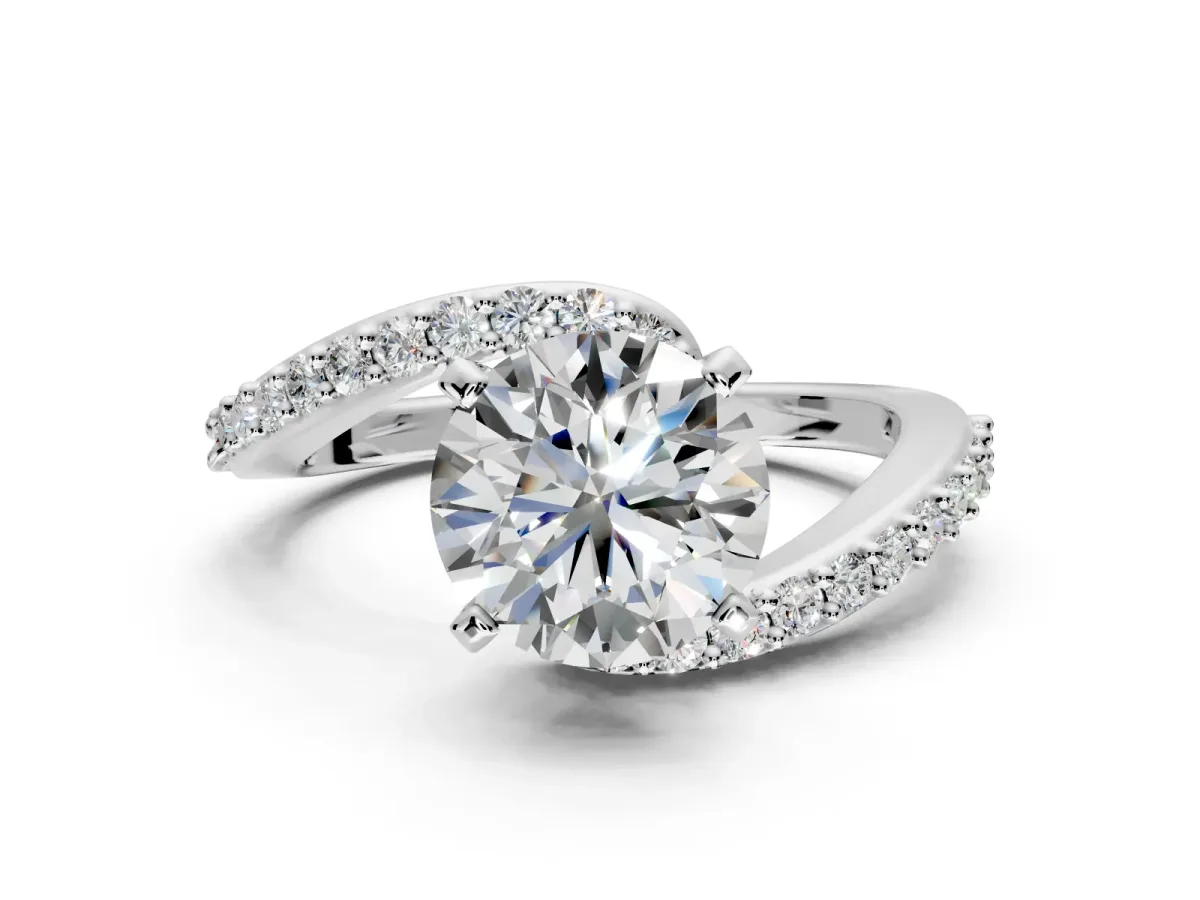 Solitaire Engagement Ring Setting for Round Cut Center with Pave Bypass Swirl Band and Prong Head in Sterling Silver