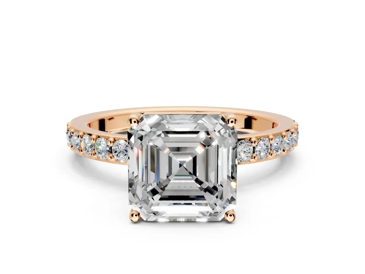 Solitaire Engagement Ring Setting for Asscher Cut Center with Round Cut Pave Band and Prong Head in Rose Gold