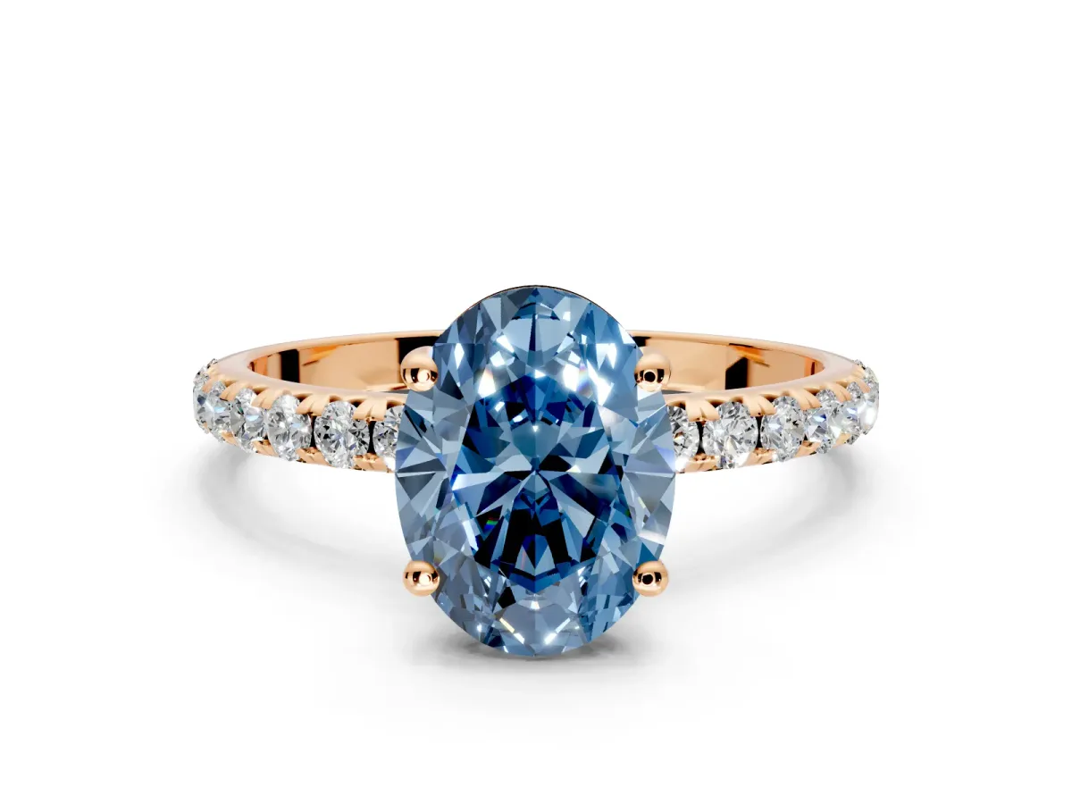 Solitaire Engagement Ring Setting for Fancy Blue Oval Center with Micro Pave Band and Prong Head in Rose Gold