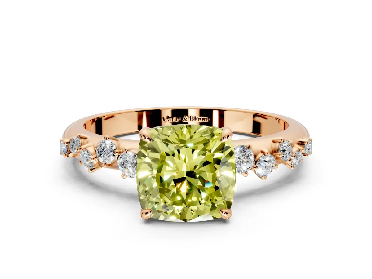 Cluster Engagement Ring Setting for Fancy Yellow Cushion Cut Center with Round Cut Accent Band and Prong Head in Rose Gold