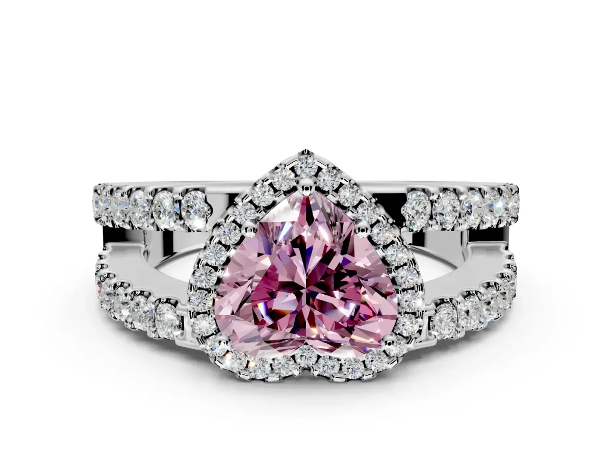Halo Engagement Ring Setting for Fancy Pink Heart-Shaped Center with Wide-Open Pave Split Shank and Prong Head in Platinum