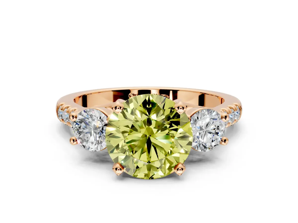 3 Stone Engagement Ring Setting for Fancy Yellow Round Cut Center with Crossover Basket, Pave Band and Prong Head in Rose Gold