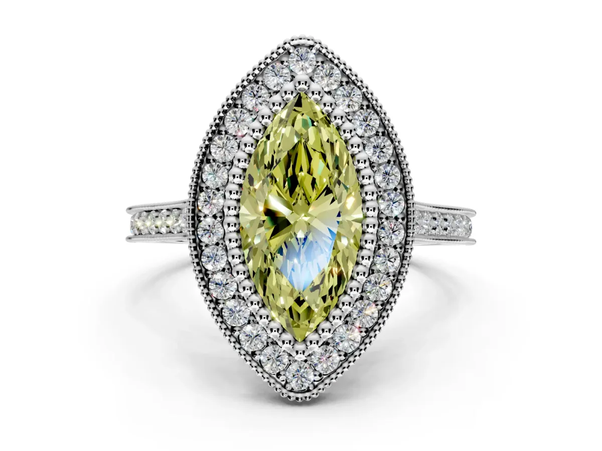 Halo Engagement Ring Setting for Fancy Yellow Marquise Center with Milgrain Frame, Pave Band and Prong Head in Sterling Silver