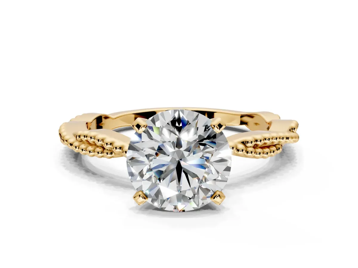 Solitaire Engagement Ring Setting for Round Cut Center with Twist Band and Bead Prong Head in Yellow Gold