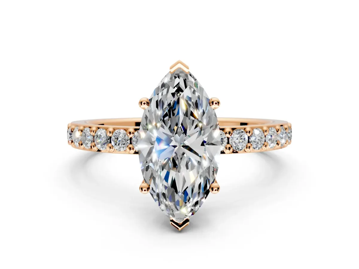 Solitaire Engagement Ring Setting for Marquise Center with Round Cut Pave Band and Prong Head in Rose Gold