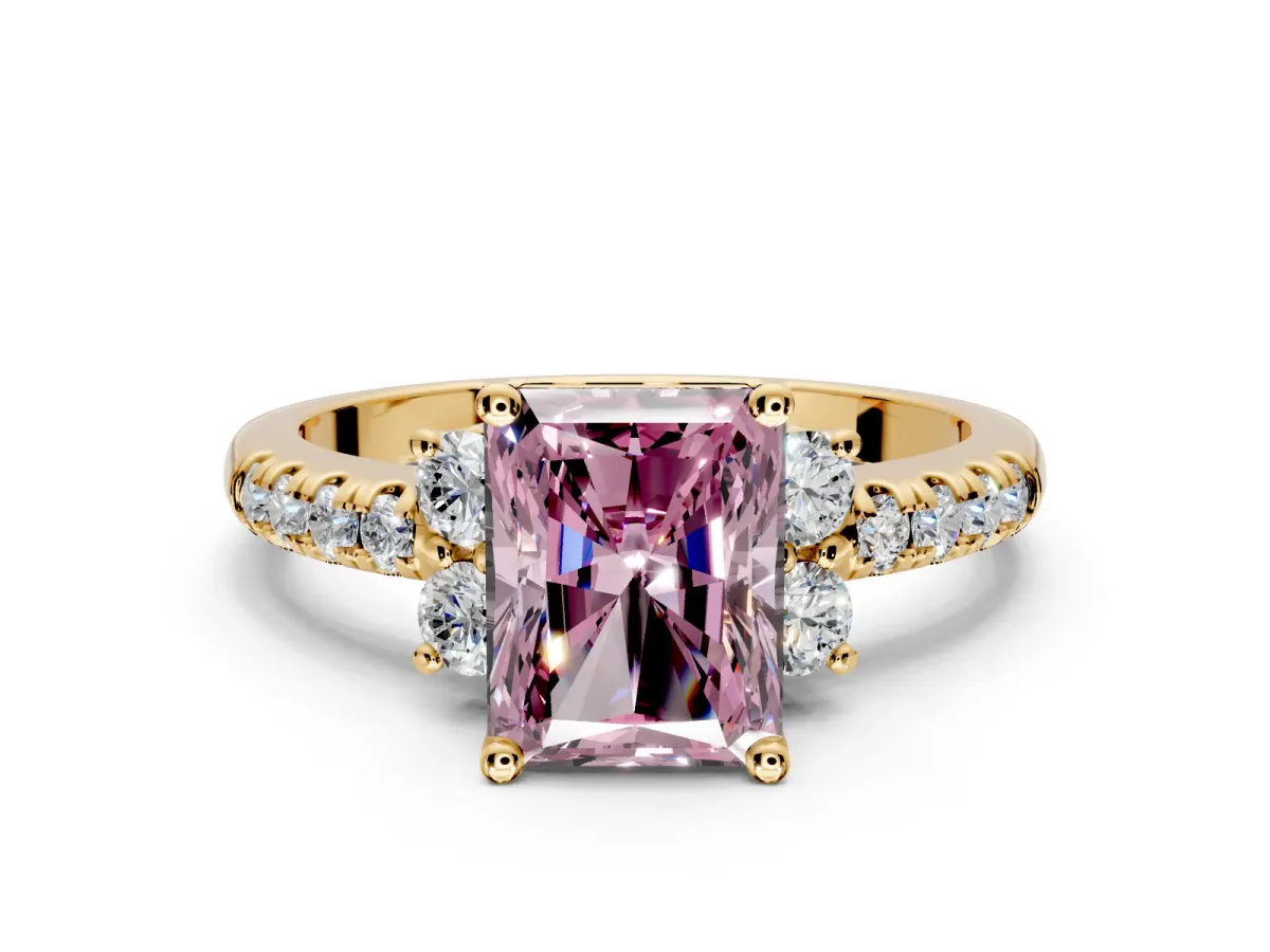 Paired Accent Engagement Ring Setting for Fancy Pink Radiant Cut Center with Pave Band and Prong Head in Yellow Gold