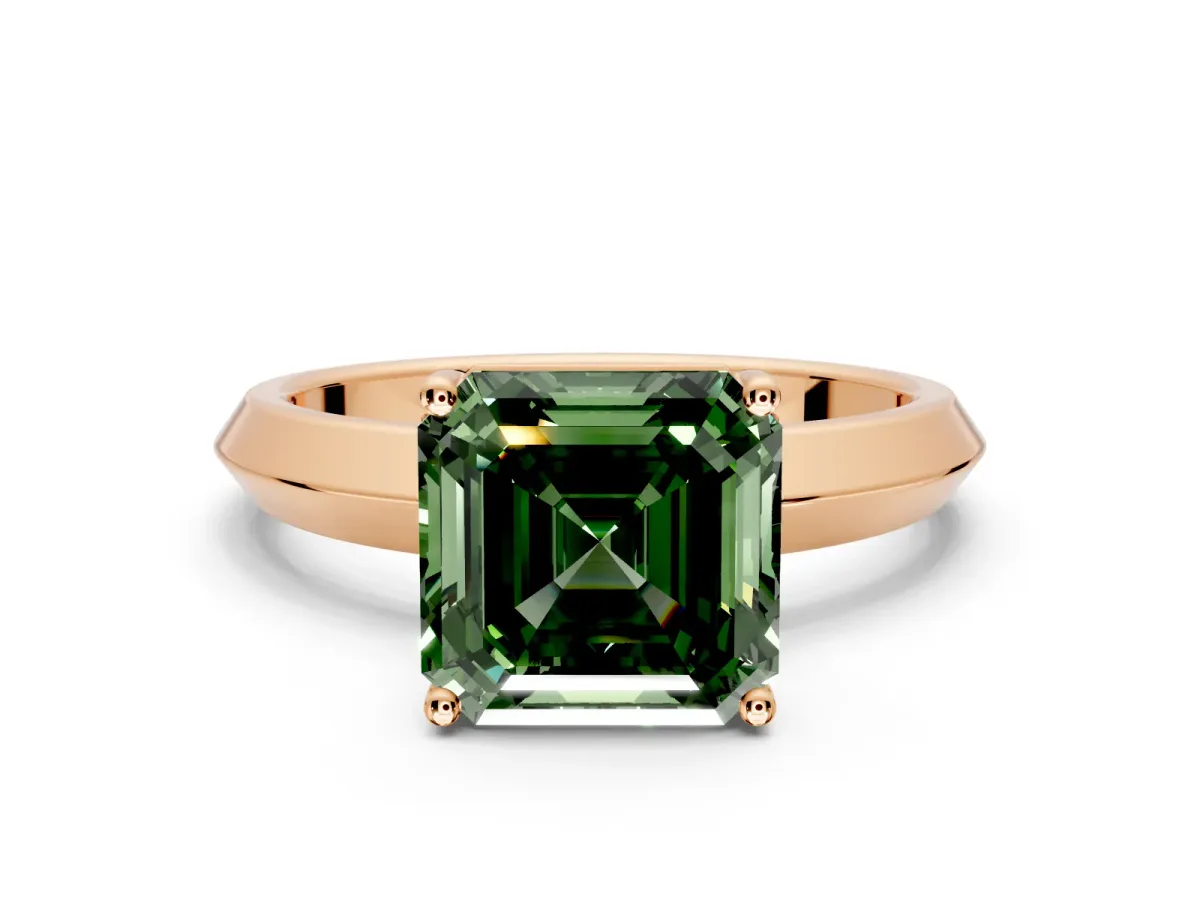Solitaire Engagement Ring Setting for Fancy Green Asscher Cut Center with Wide Knife Ridge Band and Prong Head in Rose Gold