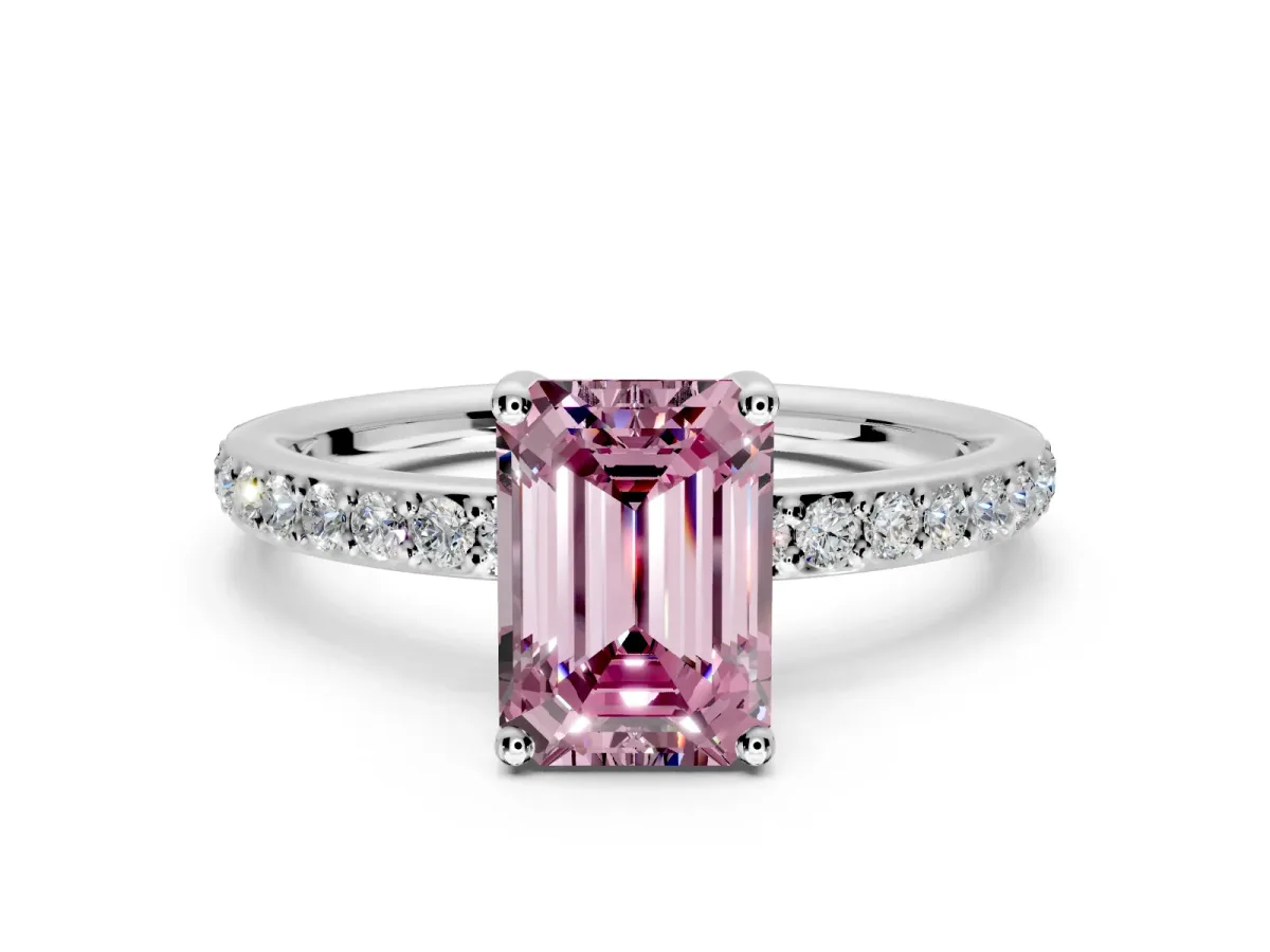 Solitaire Engagement Ring Setting for Fancy Pink Emerald Cut Center with Fine Pave Band and Prong Head in White Gold