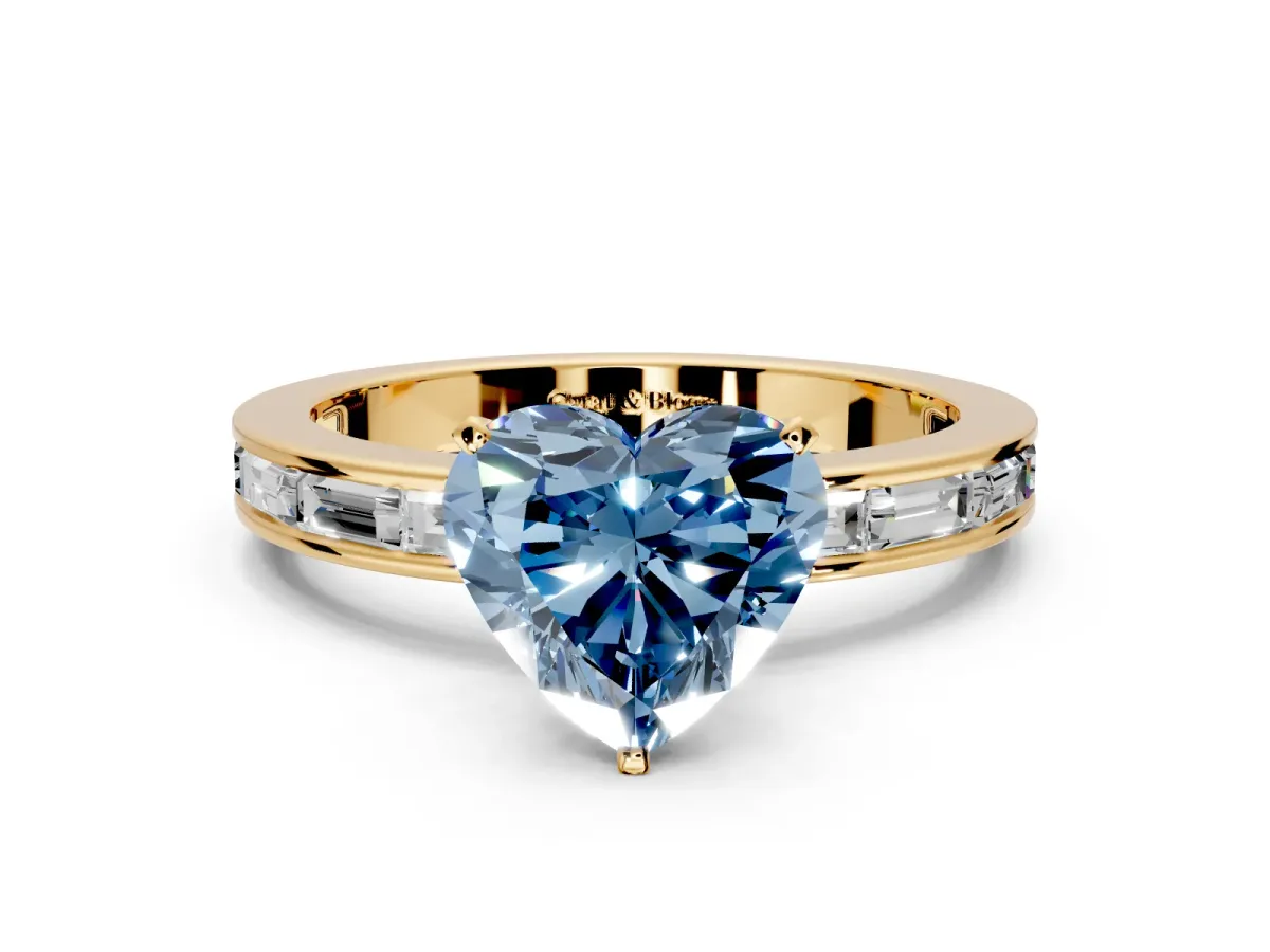 Solitaire Engagement Ring Setting for Fancy Blue Heart-Shaped Center with Channel Baguette Band and Prong Head in Yellow Gold