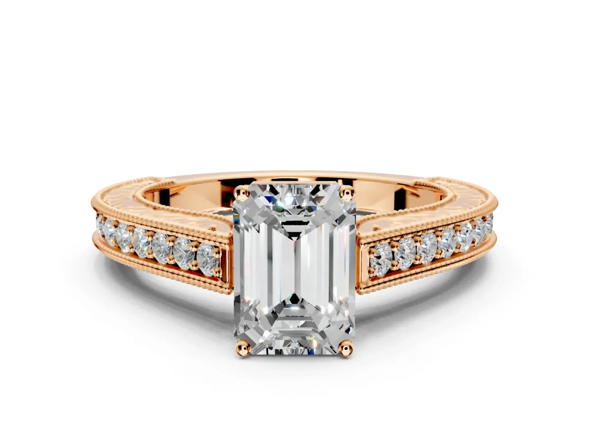 Solitaire Engagement Ring Setting for Emerald Cut Center with Engraved Pave Band and Prong Head in Rose Gold