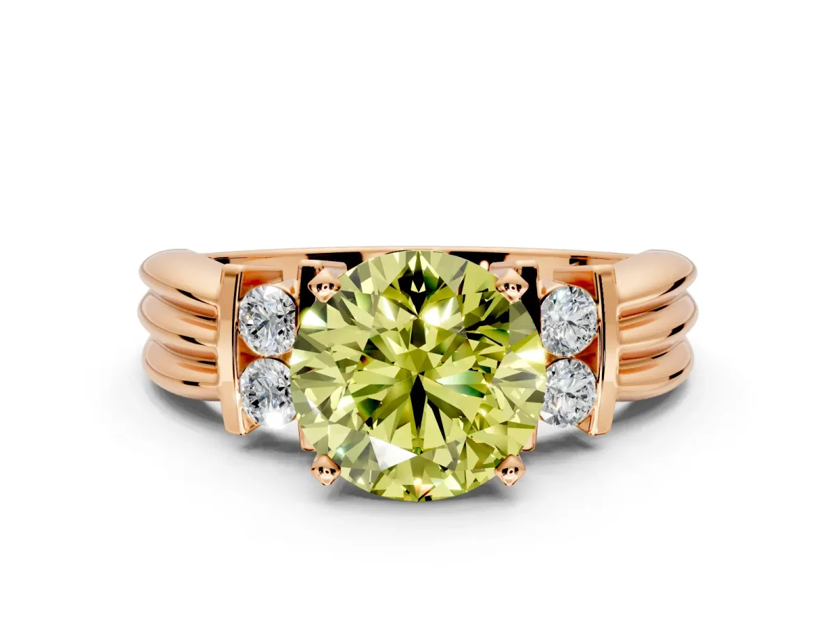 Solitaire Engagement Ring Setting for Fancy Yellow Round Cut Center with Grooved Bar Accent Band and Prong Head in Rose Gold