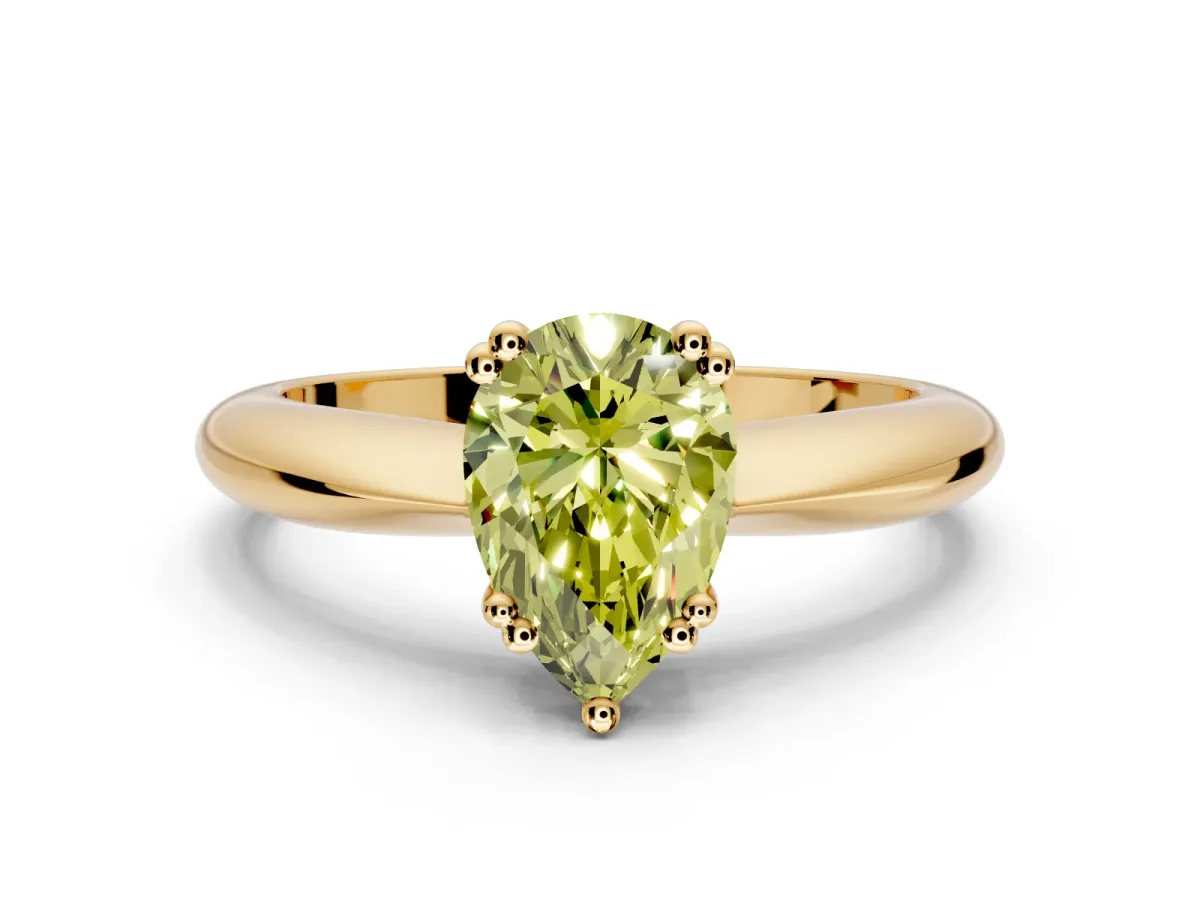 Solitaire Engagement Ring Setting for Fancy Yellow Pear-Shaped Center with Reverse Tapered Band and Prong Head in Yellow Gold