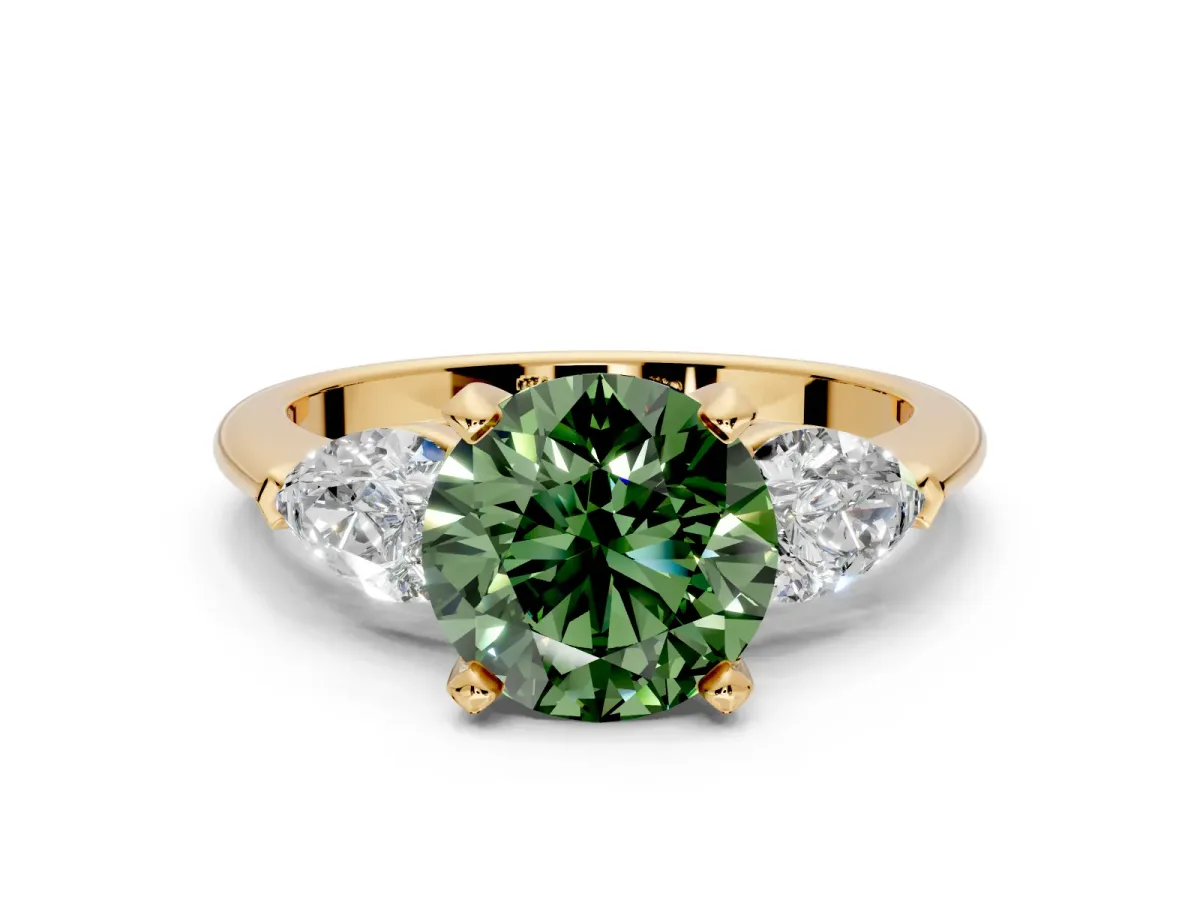 3 Stone Engagement Ring Setting for Fancy Green Round Cut Center with Large Pear-Shaped Accents and Prong Head in Yellow Gold