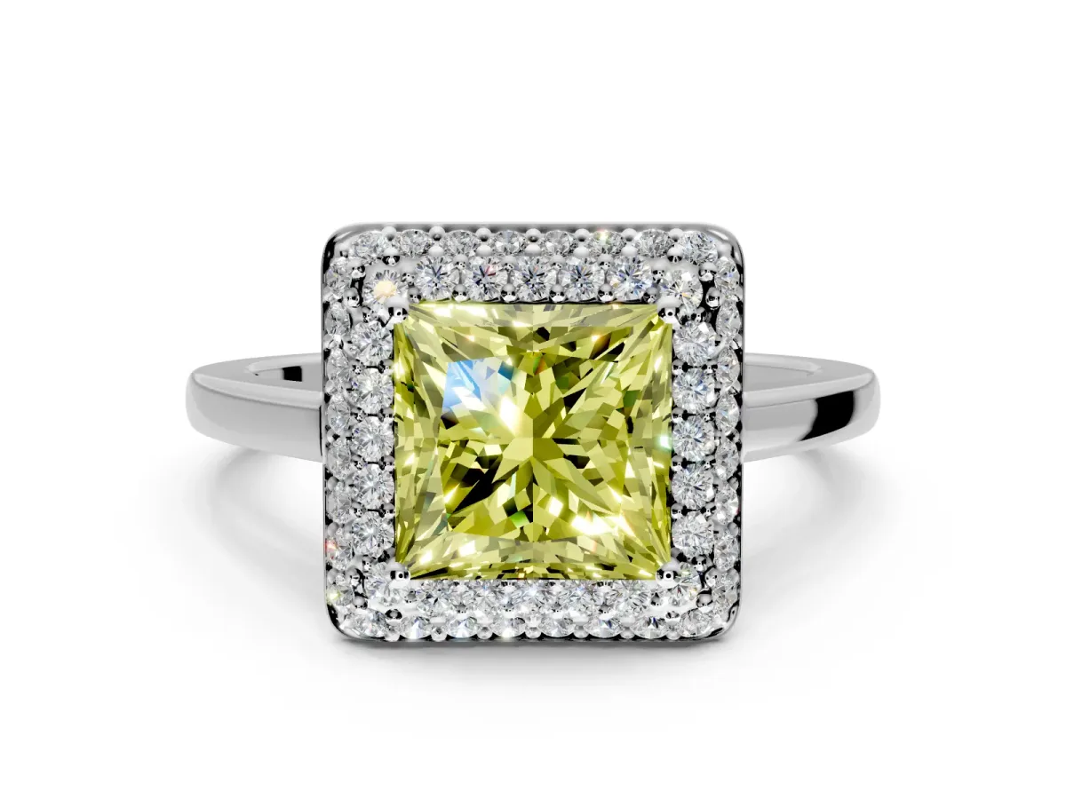 Halo Engagement Ring Setting for Fancy Yellow Princess Cut Center with Plain Tapered Band and Prong Head in Platinum