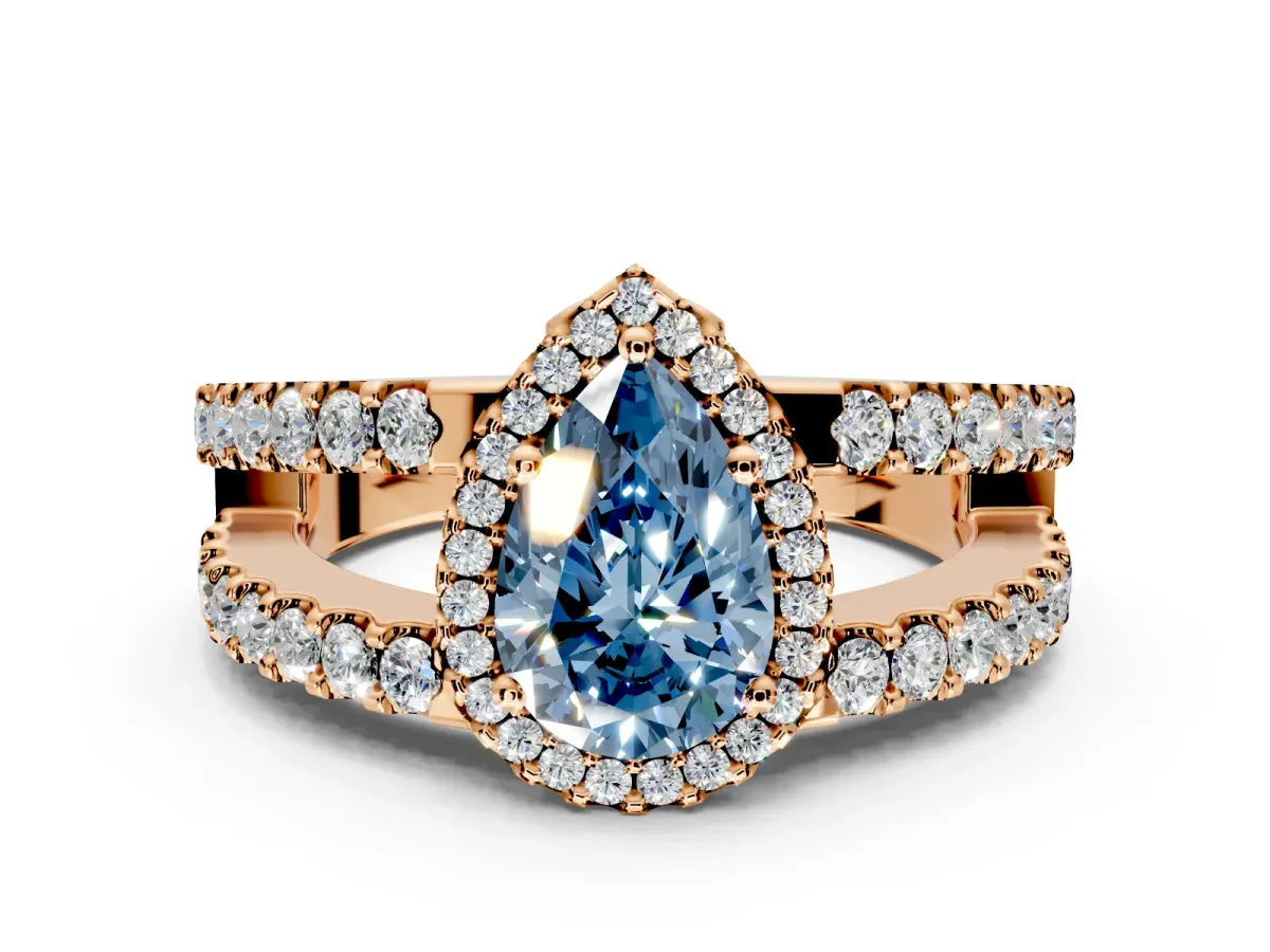Halo Engagement Ring Setting for Fancy Blue Pear-Shaped Center with Wide-Open Pave Split Shank and Prong Head in Rose Gold