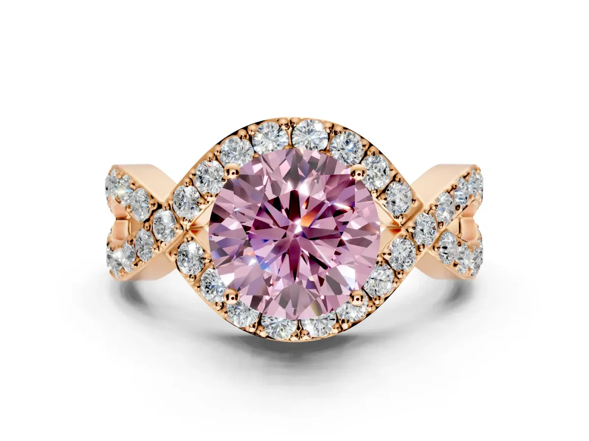 Halo Engagement Ring Setting for Fancy Pink Round Cut Center with Pave Infinity Twist Band and Prong Head in Rose Gold