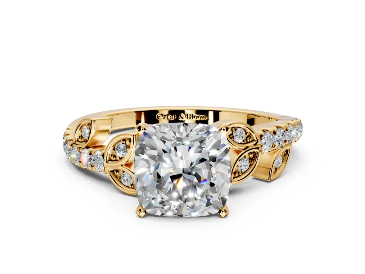 Leaf Motif Engagement Ring Setting for Cushion Cut Center with Pave Band and Prong Head in Yellow Gold