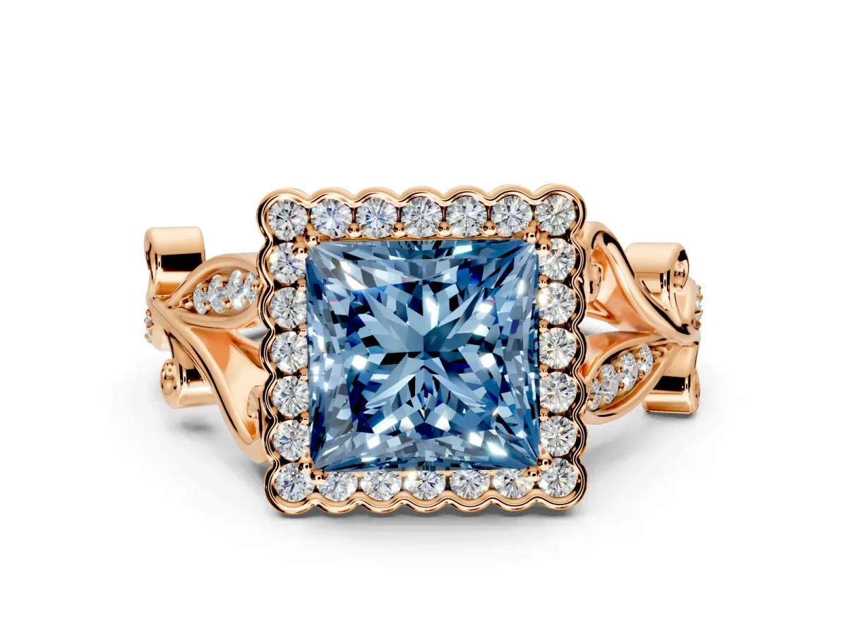 Halo Engagement Ring Setting for Fancy Blue Princess Cut Center with Leaf Motif Split Shank and Prong Head in Rose Gold