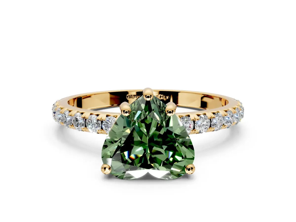 Solitaire Engagement Ring Setting for Fancy Green Heart-Shaped Center with Micro Pave Band and Prong Head in Yellow Gold