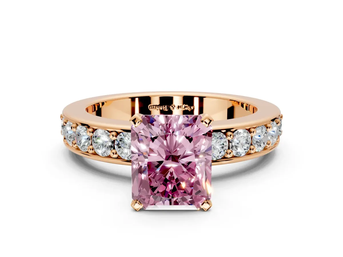 Solitaire Engagement Ring Setting for Fancy Pink Radiant Cut Center with Channel-Set Accents and Prong Head in Rose Gold