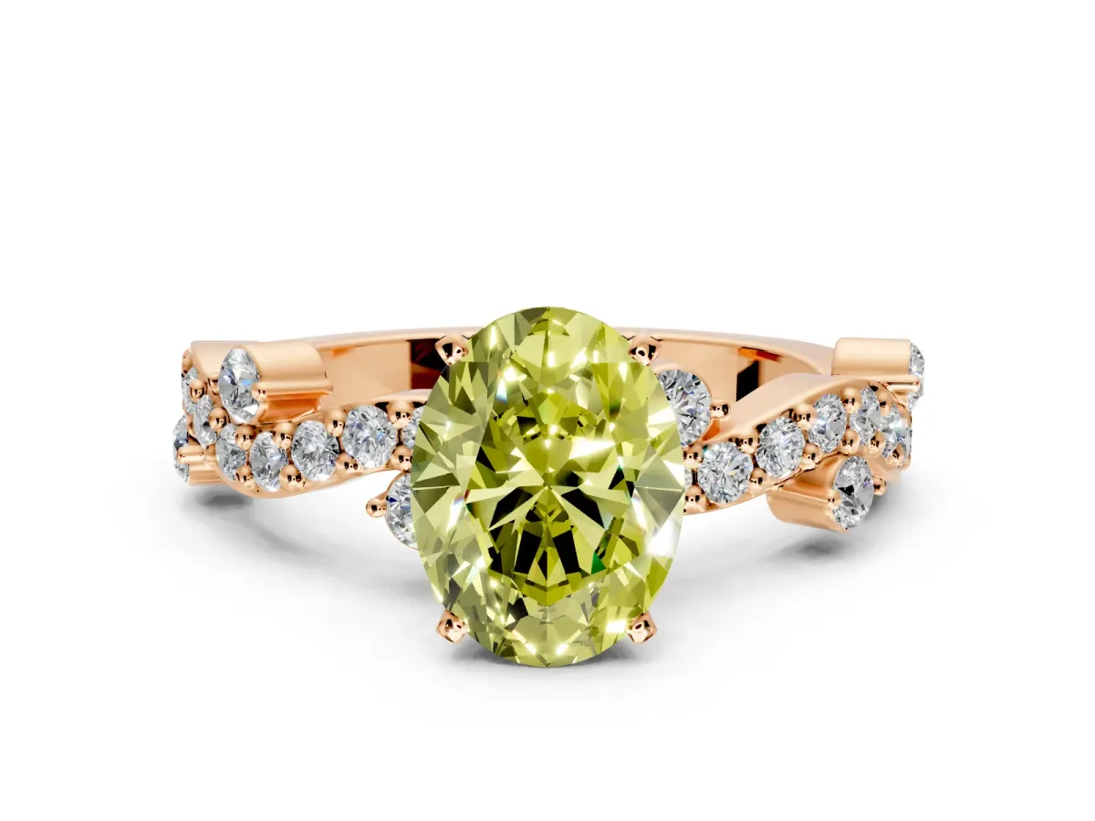 Solitaire Engagement Ring Setting for Fancy Yellow Oval Center with Bar-Station Pave Twist and Prong Head in Rose Gold