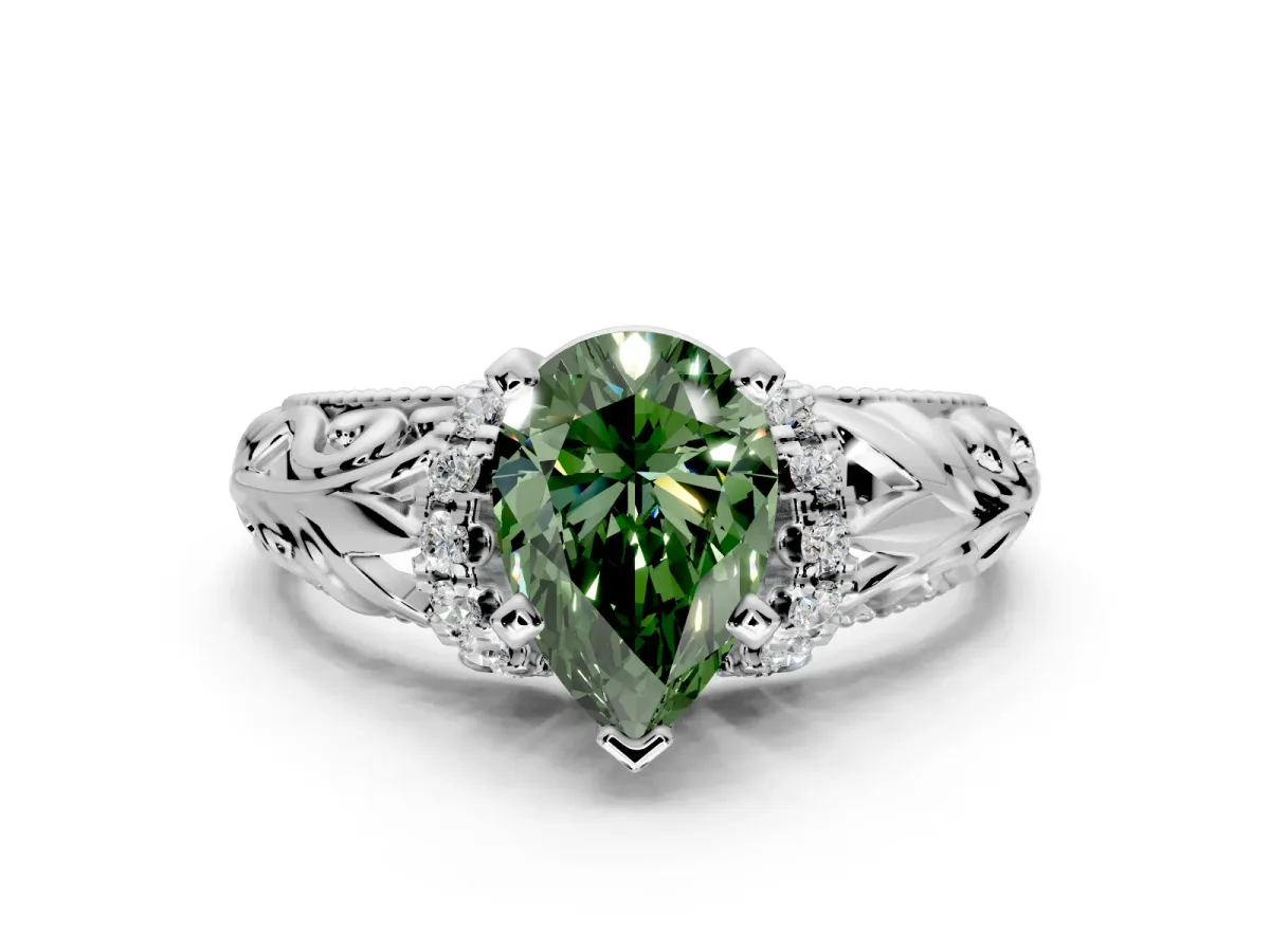 Solitaire Engagement Ring Setting for Fancy Green Pear-Shaped Center with Filigree Accent Basket and Prong Head in White Gold