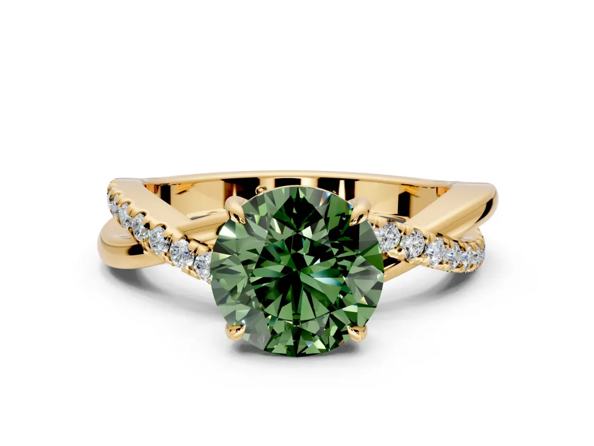 Crossover Engagement Ring Setting for Fancy Green Round Cut Center with Pave and Plain Strands and Prong Head in Yellow Gold
