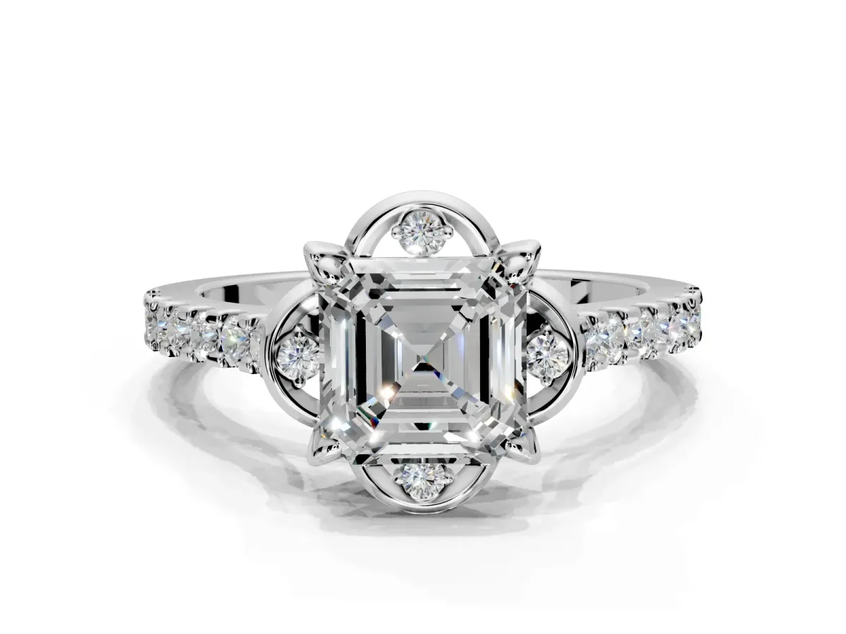 Floral Engagement Ring Setting for Asscher Cut Center with Pave Band and Floral Prong Head in Sterling Silver