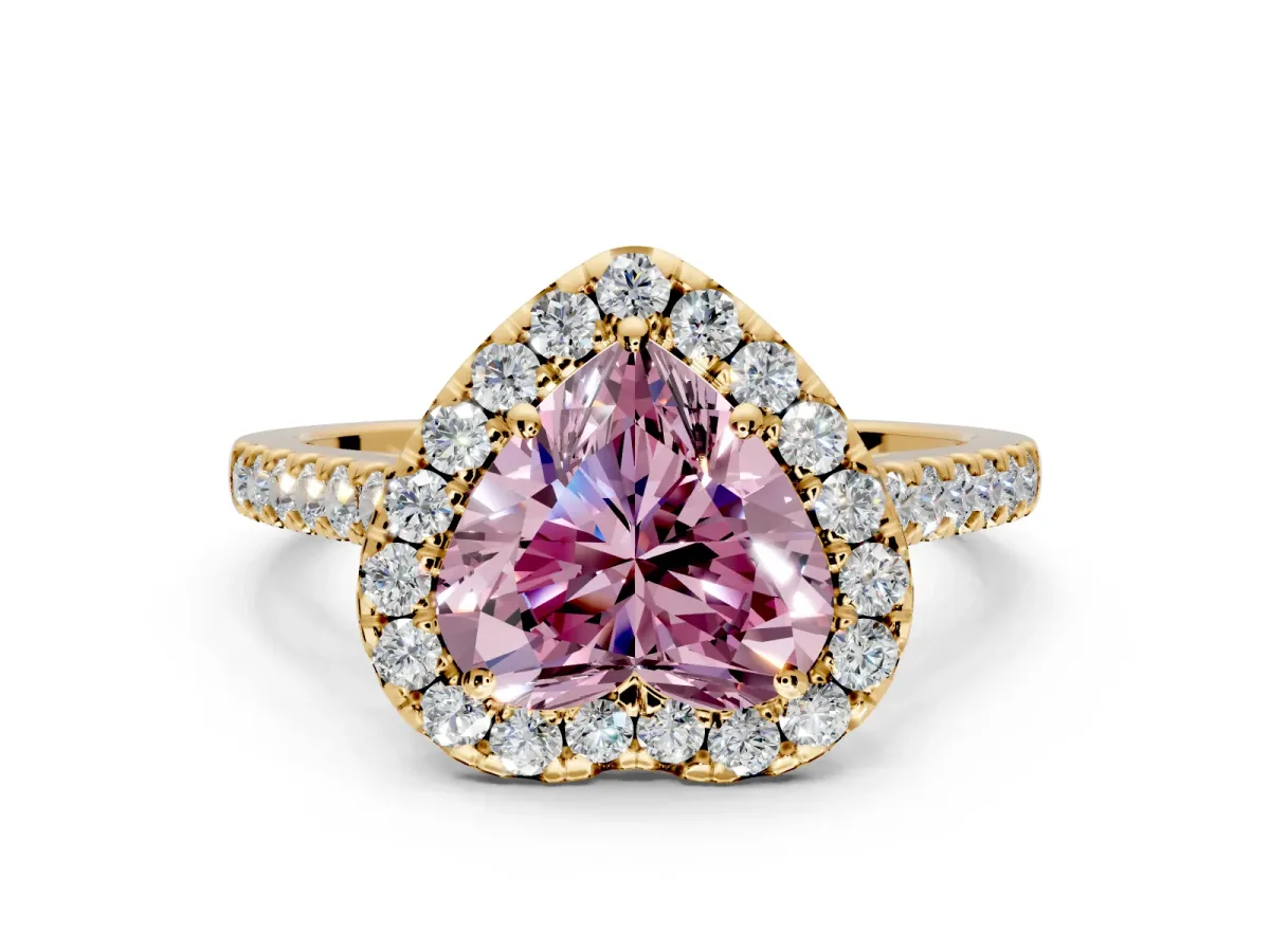 Halo Engagement Ring Setting for Fancy Pink Heart-Shaped Center with Narrowing Pave Band and Prong Head in Yellow Gold