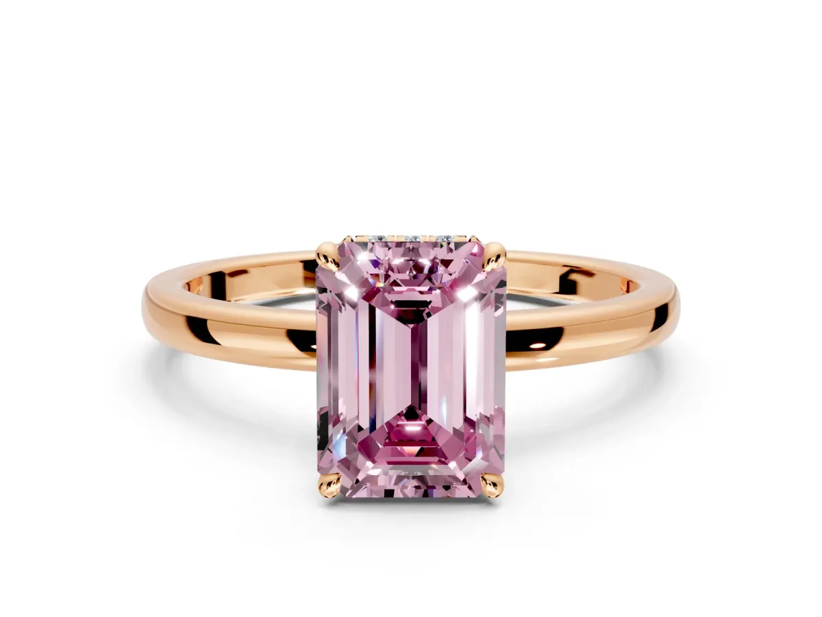 Hidden Halo Engagement Ring Setting for Fancy Pink Emerald Cut Center with Plain Band and Tall Prong Head in Rose Gold