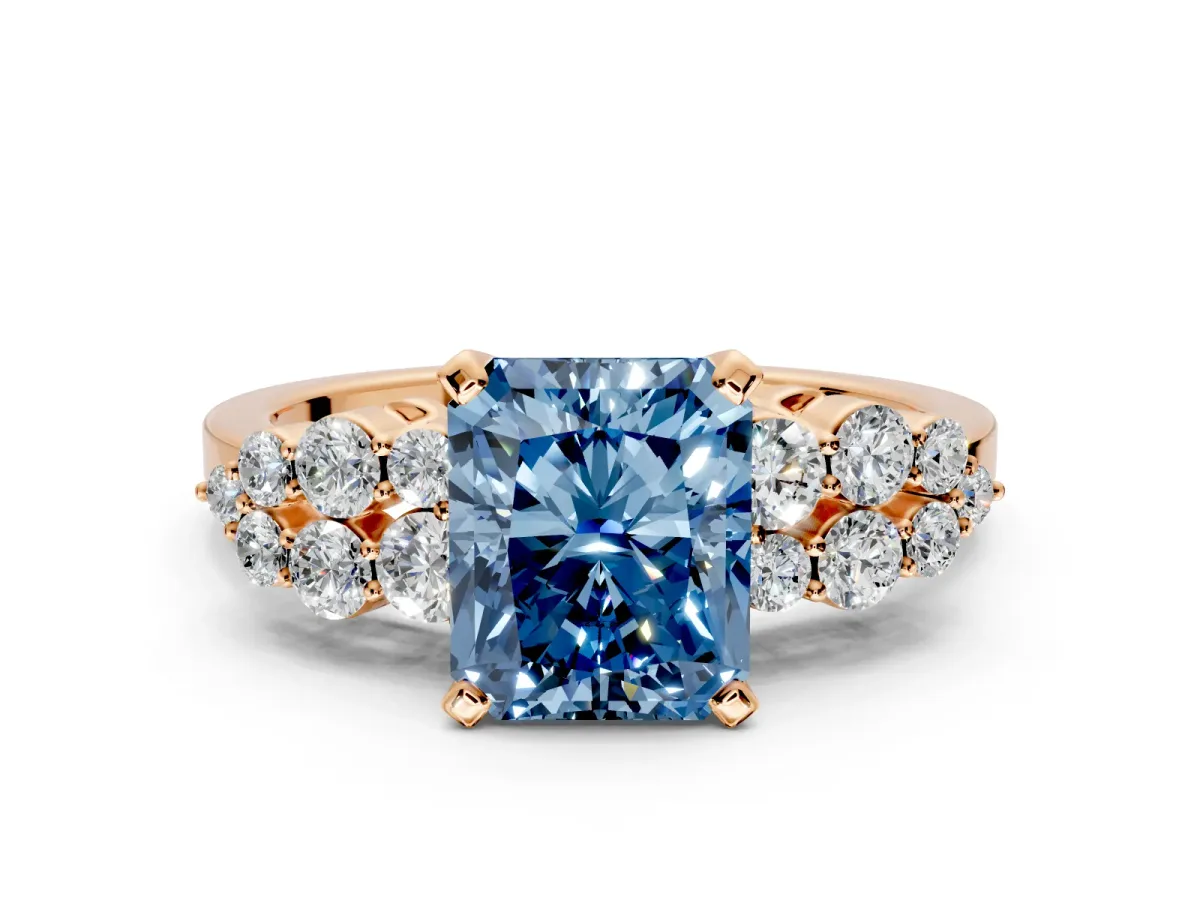 Cluster Engagement Ring Setting for Fancy Blue Radiant Cut Center with 2-Row Shoulder Clusters and Prong Head in Rose Gold
